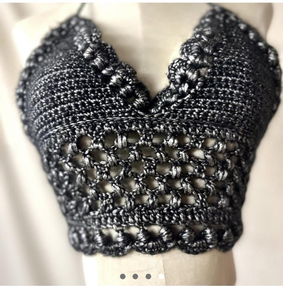 BLACK AND SILVER METALLIC CROCHETED FESTIVAL OR SWIM TOP - Picture 2 of 9